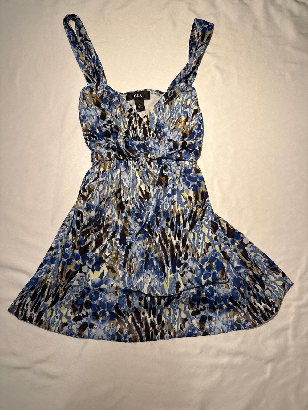 Vintage BCX Womens Small Blue Print Sleeveless Tie Waist V Neck Y2K Babydoll Top